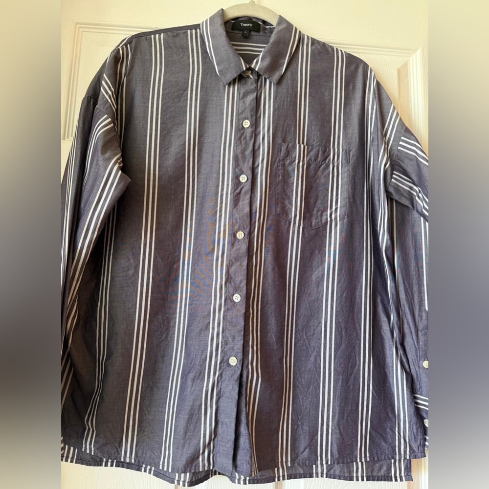 Theory 'Lourah' Cupro Cotton Striped Button Down Shirt‎ Size P